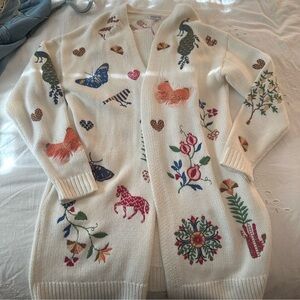 Johnny Was Cream Cardigan with Multicolor Embroidery